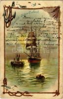 1899 Üdvözlet Rákos-Csabáról, hajós művészlap / boat art postcard. litho (felületi sérülés / surface damage)