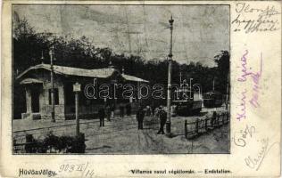 1903 Budapest II. Hűvösvölgy, villamos vasúti végállomás, villamos, vasutasok (EB)
