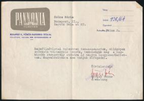 1964 Bp., Görgey Gábor (1929-2022) Kossuth-díjas író, költő, műfordító, rendező, dramaturg autográf aláírása a Pannónia Filmstúdió fejléces papírjára írt, gépelt levelén (1964 és 1972 között a Pannónia Filmstúdió dramaturgja volt, 2002-2003-ban a nemzeti kulturális örökség miniszteri pozícióját töltötte be)