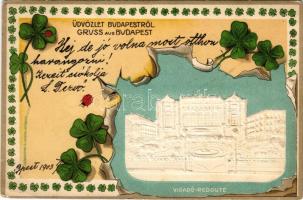 1903 Budapest V. Vigadó, szecessziós dombornyomott montázs lóherével és katicával. Klein kiadása. Emb. litho (EK)