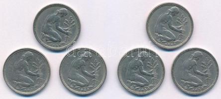 Német Szövetségi Köztársaság 1949. 50pf Cu-Ni (2xklf) "D" és "J" verdejel + 1950. 50pf Cu-Ni (4xklf) "D", "F", "G" és "J" verejelek T:XF,VF FRG 1949. 50 Pfennig Cu-Ni (2xdiff) "D" and "J" mint marks + 1950. 50 Pfennig (4xdiff) "D", "F", "G" and "J" mint marks C:XF,VF Krause KM# 104