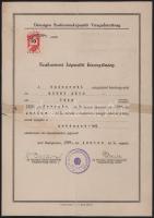 1954 Bp., Doleschall Frigyes (1897-1964) orvos, egészségügyi miniszter (1957-1964) autográf aláírása szakorvosi képesítő bizonyítványon, 10Ft illetékbélyeggel, sérült, ragasztott