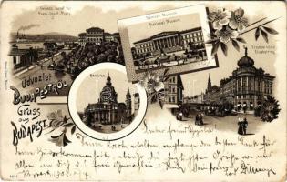 1901 Budapest, Ferenc József tér, Nemzeti Múzeum, Bazilika, Erzsébet körút. Ottmar Zieher Art Nouveau, floral, litho (EM)