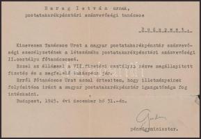 1945 Bp., Gordon Ferenc (szül. Neuhaus) (1893-1971) pénzügyminiszter autográf aláírása kinevezésen