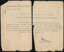 1947 Okmány, sérüléssel 1Ft Debrecen városi és állami illetékbélyeggel