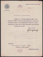 1942 Bp., Fabinyi Tihamér (1890-1953) jogász, politikus, kereskedelem- és közlekedésügyi miniszter (1932-1935), pénzügyminiszter (1935-1938), a Magyar Általános Hitelbank elnök-vezérigazgatója autográf aláírása gépelt levelén, kis sérülésekkel
