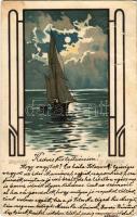 1899 Balaton este holdfényben, vitorlás. Bruchsteiner és fia Art Nouveau, litho (b)