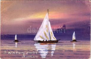 Balaton, Balatoni emlék, kézzel festett művészlap s: Buday (lyuk / pinhole)