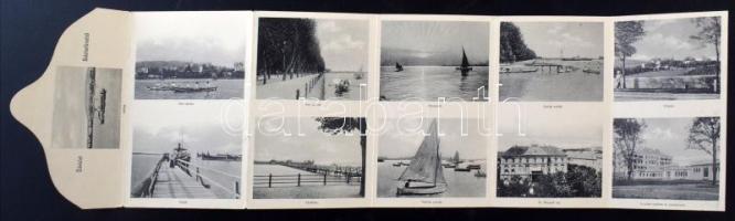 Balatonfüred, Emléklap Balatonfüredről. 6-részes kihajtható leporellólap villasorral, kikötővel, stb. Koller Károly (fa)