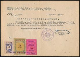 1948 Miskolc, okmány 1P városi ínségbélyeg 50f újjáépítési illeték és 3ft állami illetékbélyeggel