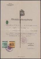 1931 Miskolc, okmány 1,6P és 40f városi ínségbélyeggel illeték