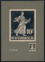 Szege Sándor (1883-1945): 10 fillér bélyeg terve (vető Hungáriához hasonló alak magyar koronával), 1926 körül. Tus, papír. Jelzés nélkül. Kartonra kasírozva. 9,5x8 cm. Kartonon a kész bélyeg is szerepel!