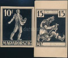 Szege Sándor (1883-1945), 2 db mű: 10 és 15 fillér bélyeg terve, 1926 körül. Tus, ceruza, papír. Jel...