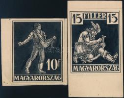 Szege Sándor (1883-1945), 2 db mű: 10 és 15 fillér bélyeg terve, 1926 körül. Tus, papír. Jelzés nélk...