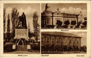 Budapest XXIII. Soroksár, Hősök szobra, Községháza, Elemi iskola. Csuka Károly kiadása (fa)