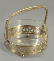 Kínáló tál, csiszolt üveg betét, áttört fém. d: 10 cm