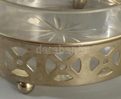 Kínáló tál, csiszolt üveg betét, áttört fém. d: 10 cm