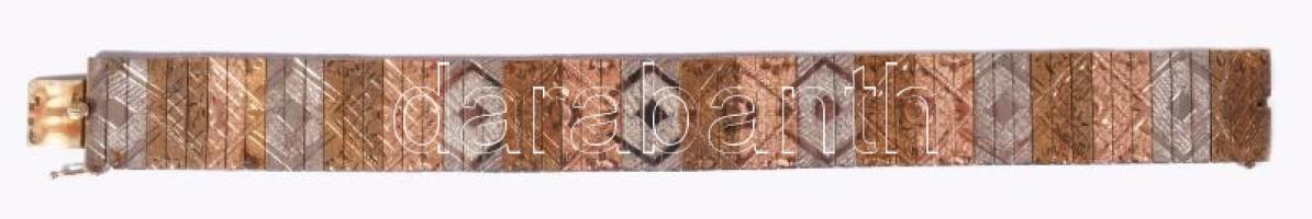 Rozéarany, fehérarany és sárga arany (Au) karlánc. Jelzett, hivataljel, 1966-1998 közötti fémjel, mesterjegy, 14 karátos arany, h: 19 cm, nettó 20g