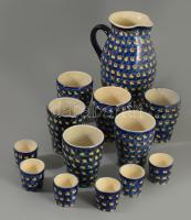 Antik pávaszemes mintás kerámia borozó-pálinkázó készlet, 6-6 pohárral, m: 21 cm