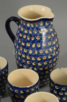 Antik pávaszemes mintás kerámia borozó-pálinkázó készlet, 6-6 pohárral, m: 21 cm