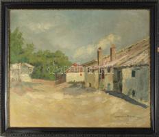 Kurländer István (-), működött a XX. sz. első felében: Utcarészlet. Olaj, fa, jelzett. Dekoratív fakeretben. 50x60 cm