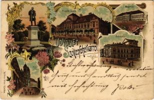 1898 Székesfehérvár, Vörösmarty szobor, Püspöki palota, Megyeház, Színház, Nádor utca. Klökner Péter kiadása. Art Nouveau, floral, litho (EB)