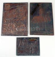3 db erdélyi városképes réz fali dísz. 17-28 cm Bran. Cluj, Brasov Brassó, Kolozsvár
