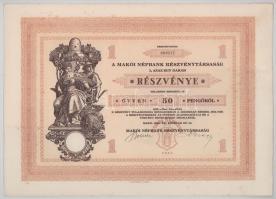 1929. Makó "Makói Népbank Részvénytársaság" részvénye 50P-ről, szelvényekkel, szárazpecsét...