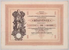 1929. Makó "Makói Népbank Részvénytársaság" részvénye 50P-ről, szelvényekkel, szárazpecsét...