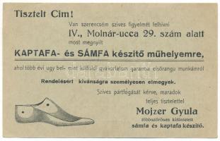 Budapest V. Mojzer Gyula kaptafa és sámfa készítő műhelyének reklámja. Molnár utca 29. (fa)