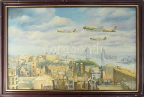 Stewers jelzéssel: Katonai repülőgépek London felett. Olaj, vászon. Jelzett. Apró felületi sérülésekkel. Dekoratív, kissé sérült fakeretben. 60x90 cm. KIZÁRÓLAG SZEMÉLYES ÁTVÉTEL, NEM POSTÁZZUK! / ONLY PERSONAL COLLECTION AT OUR OFFICE!