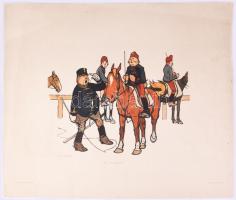 cca 1905-1915 Pajtás Ödön (Szmrecsányi Ödön) (1874-1954): Katonai témájú, huszárokat ábrázoló karikatúrák, 8 db nagyméretű, színes litográfia, Bp., Singer és Wolfner - Könyves Kálmán Magyar Műkiadó Rt., változó állapotban, kisebb lapszéli sérülésekkel, 39x50 cm