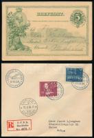 1913 Futott díjjegyes levelezőlap + 1938 "STOCKHOLM-ZÜRICH" ajánlott légi levél Malmőn keresztül Svájcba küldve