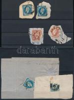 1855-1863 Mi 1 + Mi 4-5 sérült bélyegek kivágásokon + Mi 4 sérült bélyeg levélen "THRONDHEIM"