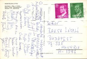 1982 A magyar serdülő labdarúgó válogatott csapattagjainak aláírása képeslapon (Győri Zoltán, Horváth Attila, Kovács Ervin, ...)