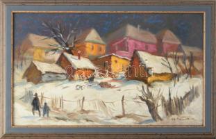 Przudzik József (1926-2019): Séta a hóban. Olaj, karton, jelzett, fakeretben, 27×45 cm