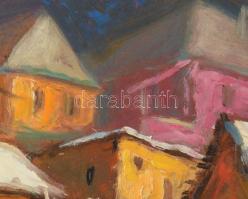 Przudzik József (1926-2019): Séta a hóban. Olaj, karton, jelzett, fakeretben, 27×45 cm