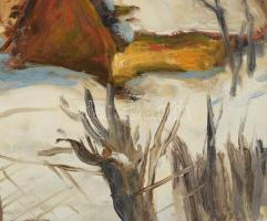 Przudzik József (1926-2019): Séta a hóban. Olaj, karton, jelzett, fakeretben, 27×45 cm