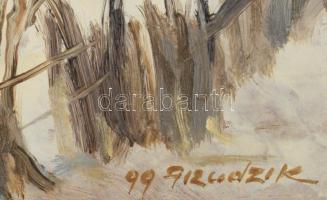 Przudzik József (1926-2019): Séta a hóban. Olaj, karton, jelzett, fakeretben, 27×45 cm