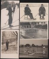 1933 Orphanidesz János (1876-1939): A téli és nyári sportok kedvelői, fürdőzők, fakutyázók, síelők, fedett uszoda, stb., 5 db fotó, jelzés nélkül, 9×14 cm