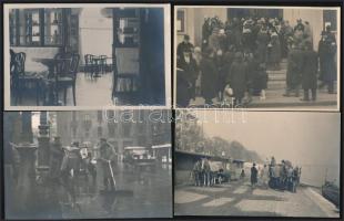 1929-1935 Orphanidesz János (1876-1939): Budapesti életképek, adásvétel a Duna-parton, Gerbeau - Vörös terem, Deák téri templom bejárata hívőkkel, utcaseprő, 4 db jelzetlen fotó, részben hátoldalon feliratozva, 9×14 cm