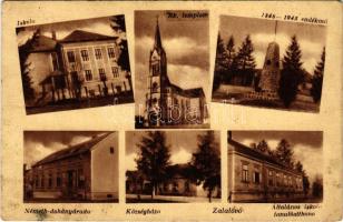 Zalalövő, Iskola, Római katolikus templom, 1848-as forradalom emlékműve, Németh dohányáruda, Községháza, Általános iskola tanulóotthona. Pintér és Németh dohányáruda saját kiadása (Rb)