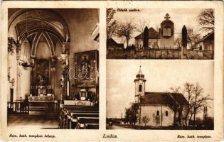 1937 Ludas, Római katolikus templom, belső, Hősök szobra. Hangya szövetkezet kiadása (EB)