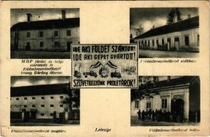 1948 Letenye, MDP járási és helyi szervezete és földmívesszövetkezet Arany Bárány étterme, Földmívesszövetkezet magtára, székháza és üzlete, "Ide aki földet szántott! Ide aki gépet gyártott! Szövetkezzünk proletárok!" kommunista propaganda (EB)