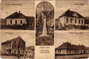 Pálháza, M. kir. Csendőrlaktanya, Körjegyzőség, Műmalom, Állami elemi iskola, Hősök szobra. Szilágyi Arthur fényképész (Szentivánfa) (kopott sarkak / worn corners)