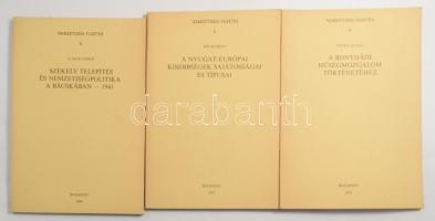 Nemzetiségi Füzetek 4., 5., 6. számok (3 db): Fehér István: A bonyhádi hűségmozgalom történetéhez.; Joó Rudolf: A nyugat-európai kisebbségek sajátosságai és típusai.; A. Sajti Enikő: Székely telepítés és nemzetiségpolitika a Bácskában - 1941. Bp., 1983-1984, Akadémiai Kiadó. Kiadói papírkötés.