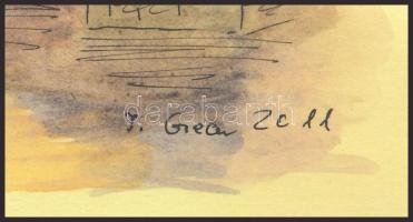 Stefan Grecu (-): Parlament, Duna és Margit híd Budapesten. Akvarell, tus, papír, jelzett, kartonra ...