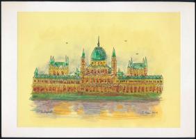 Stefan Grecu (-): Parlament, Budapest. Akvarell, tus, papír, jelzett, kartonra kasírozva, 15x21 cm