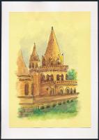 Stefan Grecu (-): Halászbástya, Budapest. Akvarell, tus, papír, jelzett, kartonra kasírozva, 15x21 cm