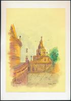 Stefan Grecu (-): Halászbástya, Budapest. Akvarell, tus, papír, jelzett, kartonra kasírozva, 21x15 cm